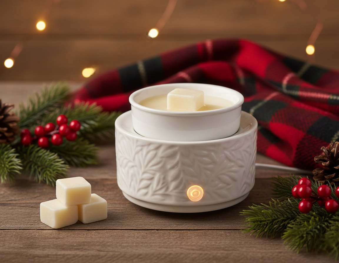 White wax warmer with twinkle lights on a wooden surface with Christmas decorations.